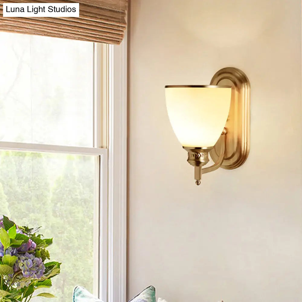 Retro Milky Glass 1-Light Brass Bowl Sconce: Hotel Wall Lamp With Curved Arm