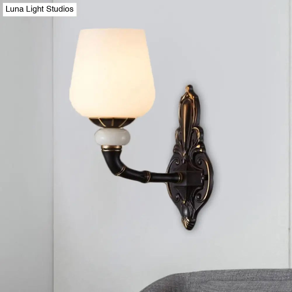 Retro Milky Glass Bedside Sconce Lamp With Cup-Like Design Wall Mount Light Fixture Black And Gold