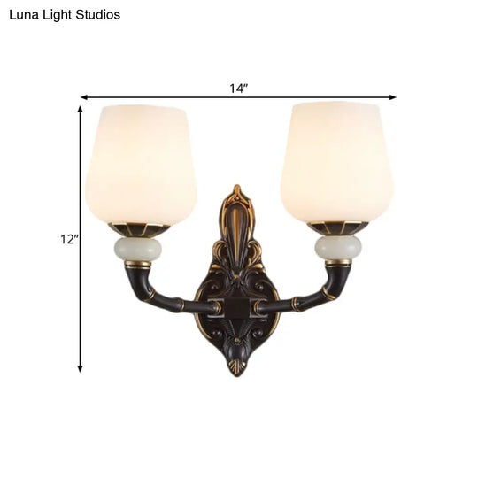 Retro Milky Glass Bedside Sconce Lamp With Cup-Like Design Wall Mount Light Fixture Black And Gold