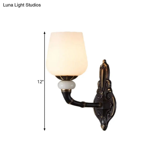 Retro Milky Glass Bedside Sconce Lamp With Cup-Like Design Wall Mount Light Fixture Black And Gold