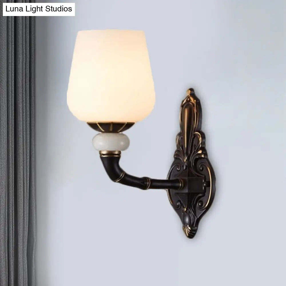 Retro Milky Glass Bedside Sconce Lamp With Cup-Like Design Wall Mount Light Fixture Black And Gold