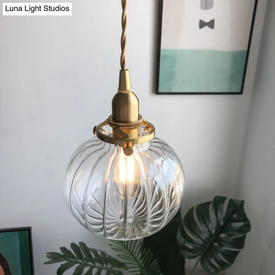 Retro Brass Mini Hanging Light - Oval Green/Clear Glass Drop Pendant 1 Head Dining Table