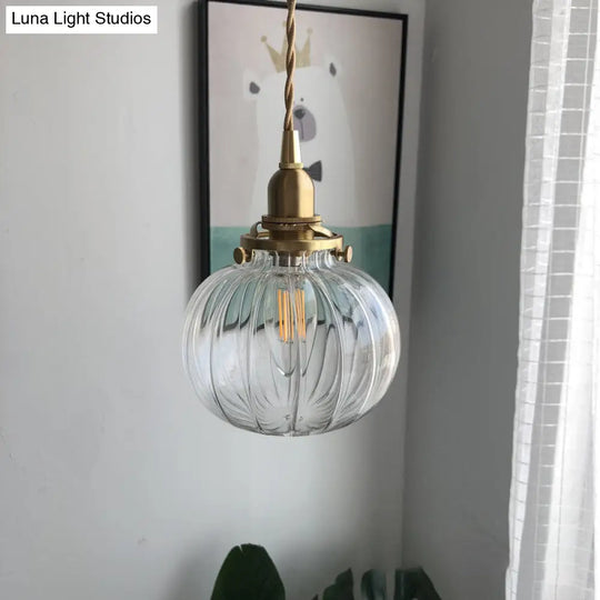 Retro Brass Mini Hanging Light - Oval Green/Clear Glass Drop Pendant 1 Head Dining Table