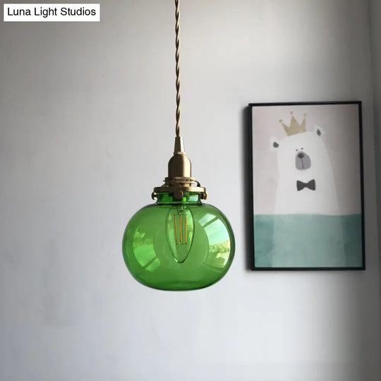 Retro Brass Mini Hanging Light - Oval Green/Clear Glass Drop Pendant 1 Head Dining Table Green