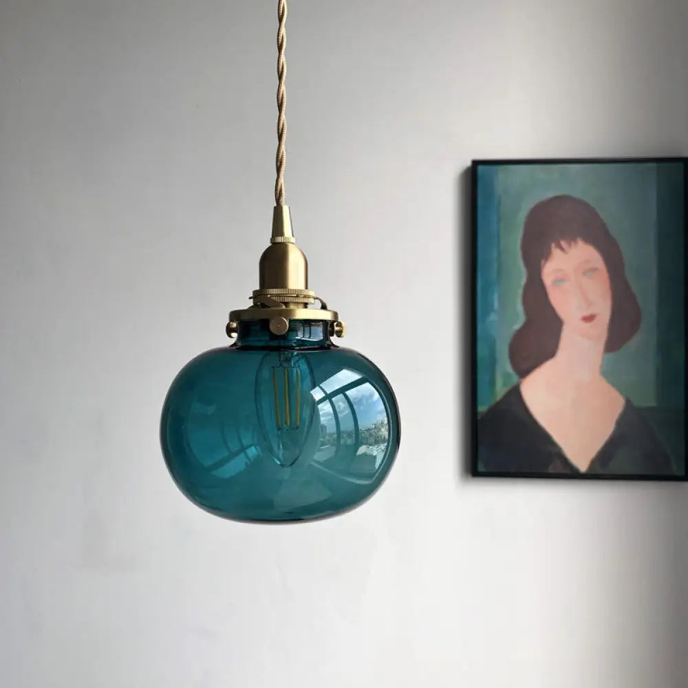 Retro Mini Hanging Light With Oval Green Glass Drop Pendant In Brass Blackish