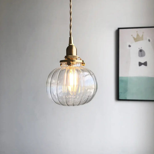 Retro Mini Hanging Light With Oval Green Glass Drop Pendant In Brass Clear