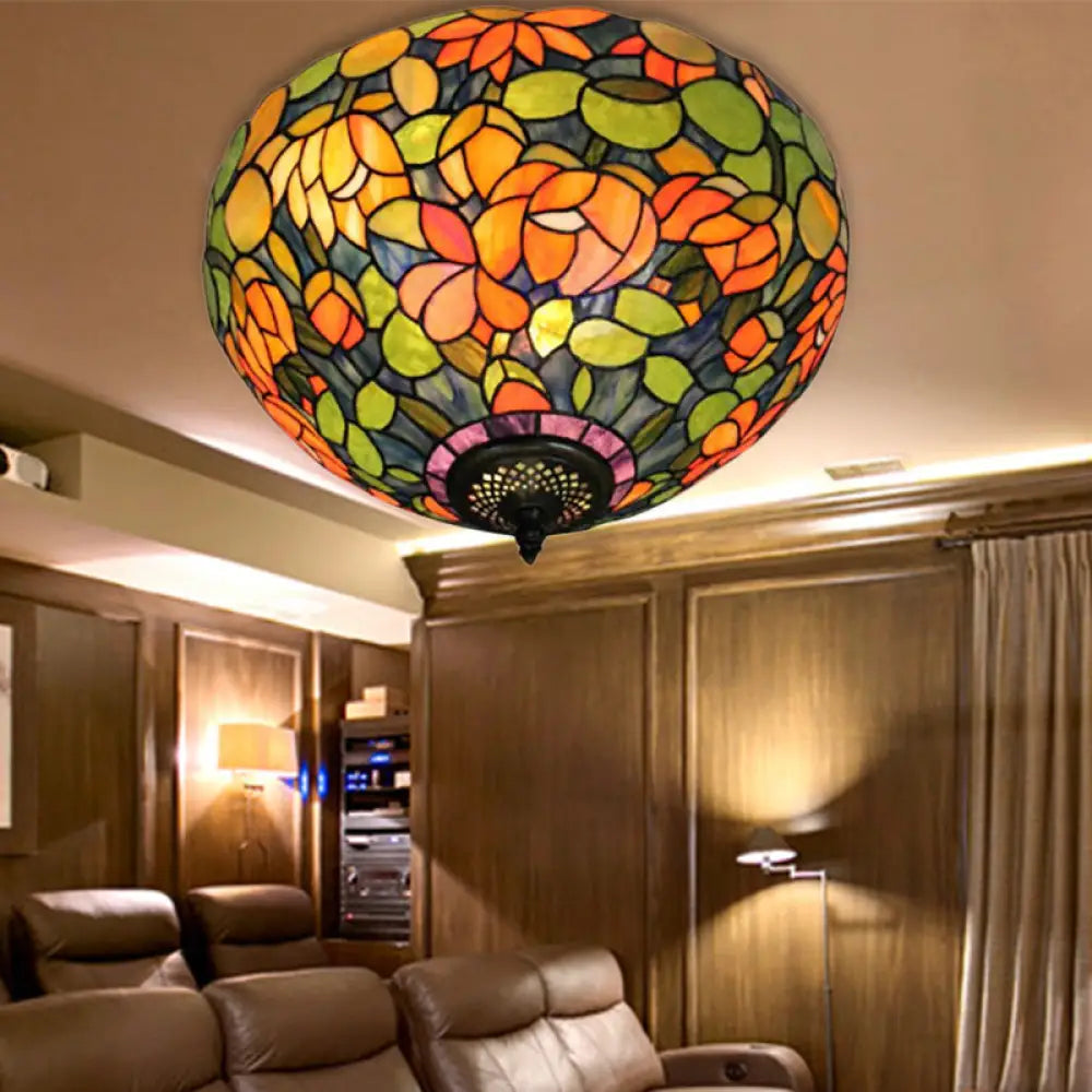Retro Multicolored Stained Glass Ceiling Light With Flower Pattern - 2 Heads Flushmount Design
