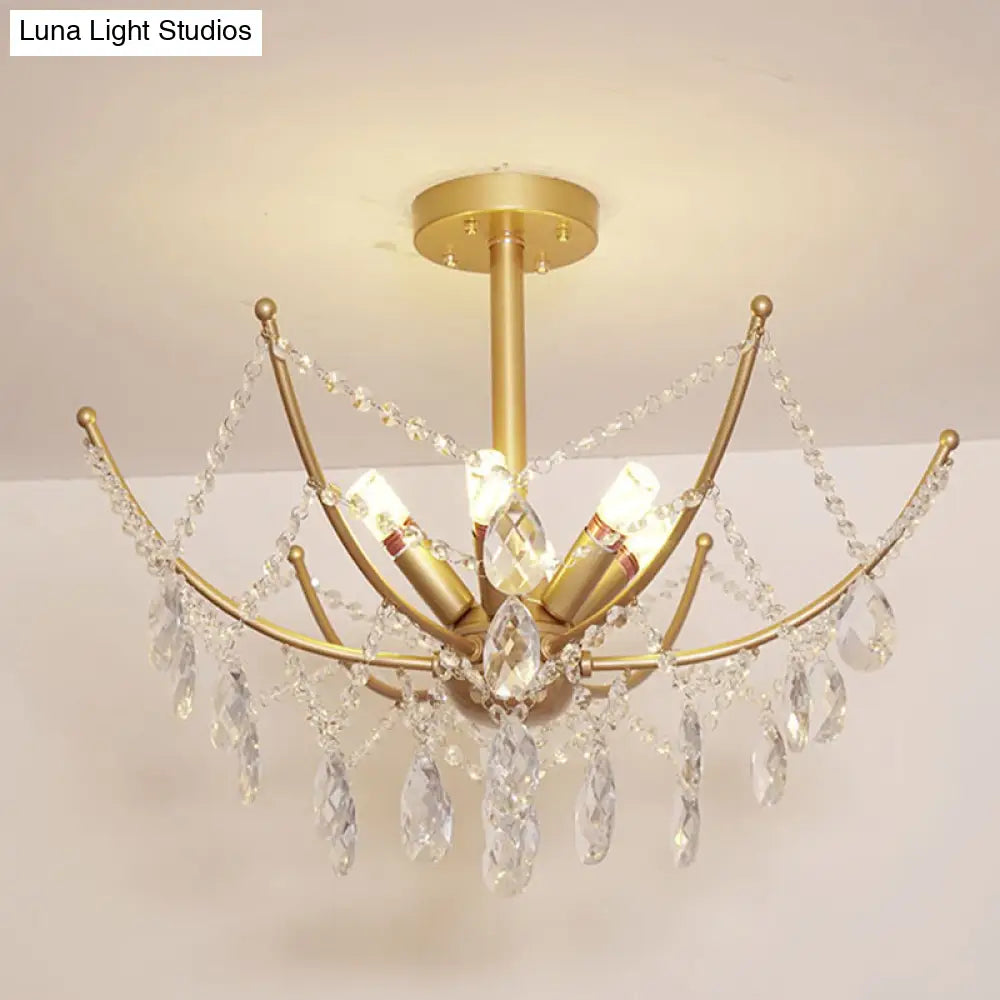 Retro Netting Crystal Strand Semi Flush Chandelier - Gold 6/8 Bulbs