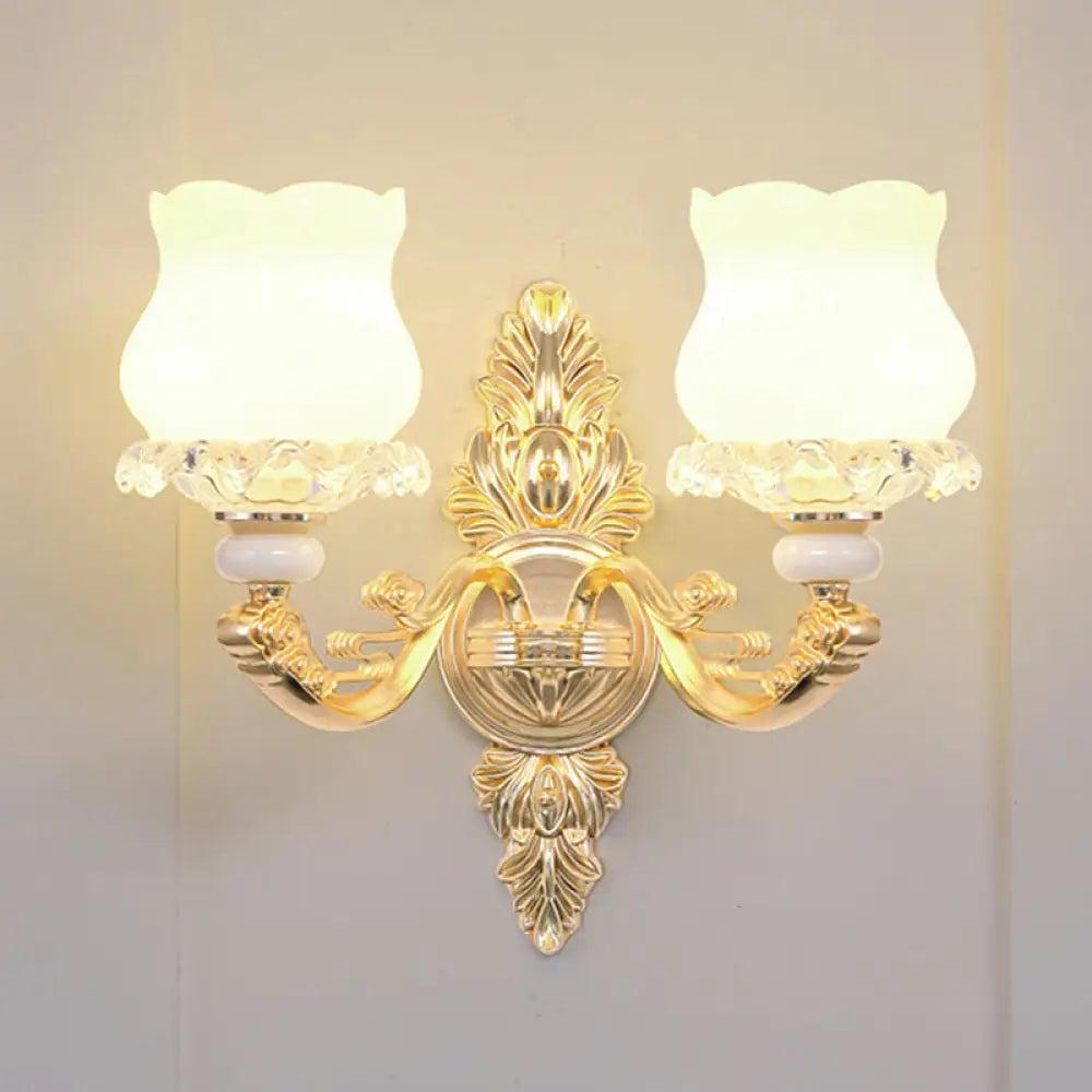 Retro Opal Glass Bud Pendant Light With Crystal Decor - Gold Chandelier Fixture 2 /