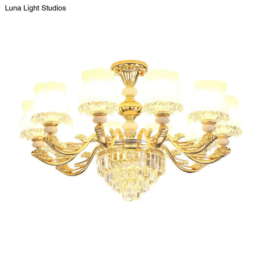 Retro Opal Glass Bud Pendant Light With Crystal Decor - Gold Chandelier Fixture