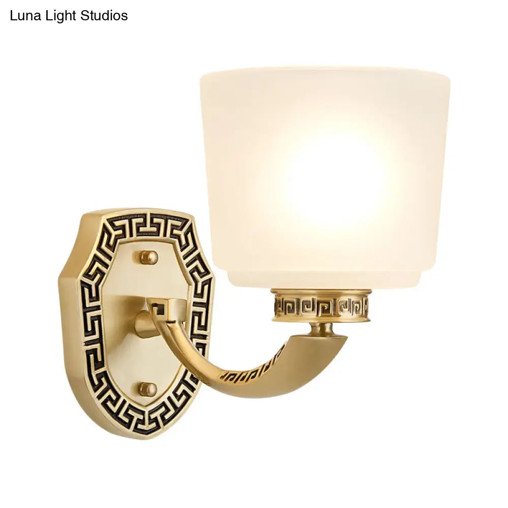 Retro Opal Glass Wall Mounted Lamp - Cylinder Sconce Light With Single Brass Head For Sitting Room