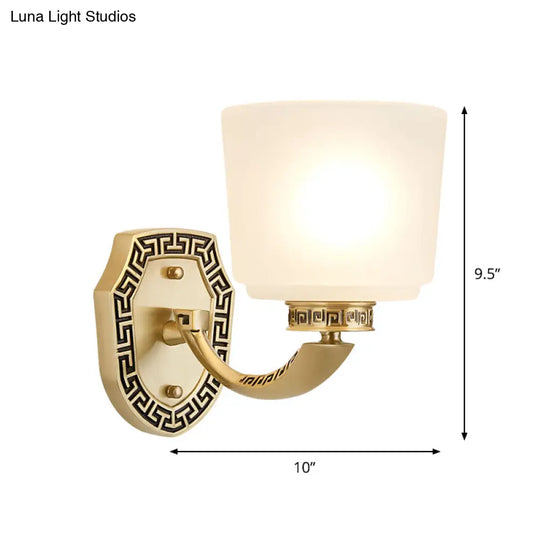 Retro Opal Glass Wall Mounted Lamp - Cylinder Sconce Light With Single Brass Head For Sitting Room