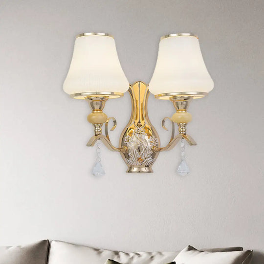 Retro Opal Glass Wall Sconce With Crystal Draping - 2 Heads For Living Room White