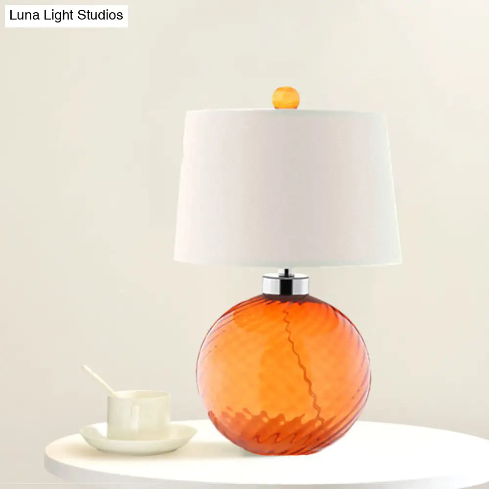 Retro Orange Sphere Glass Table Lamp With Fabric Barrel Shade - 1-Bulb Bedroom Light