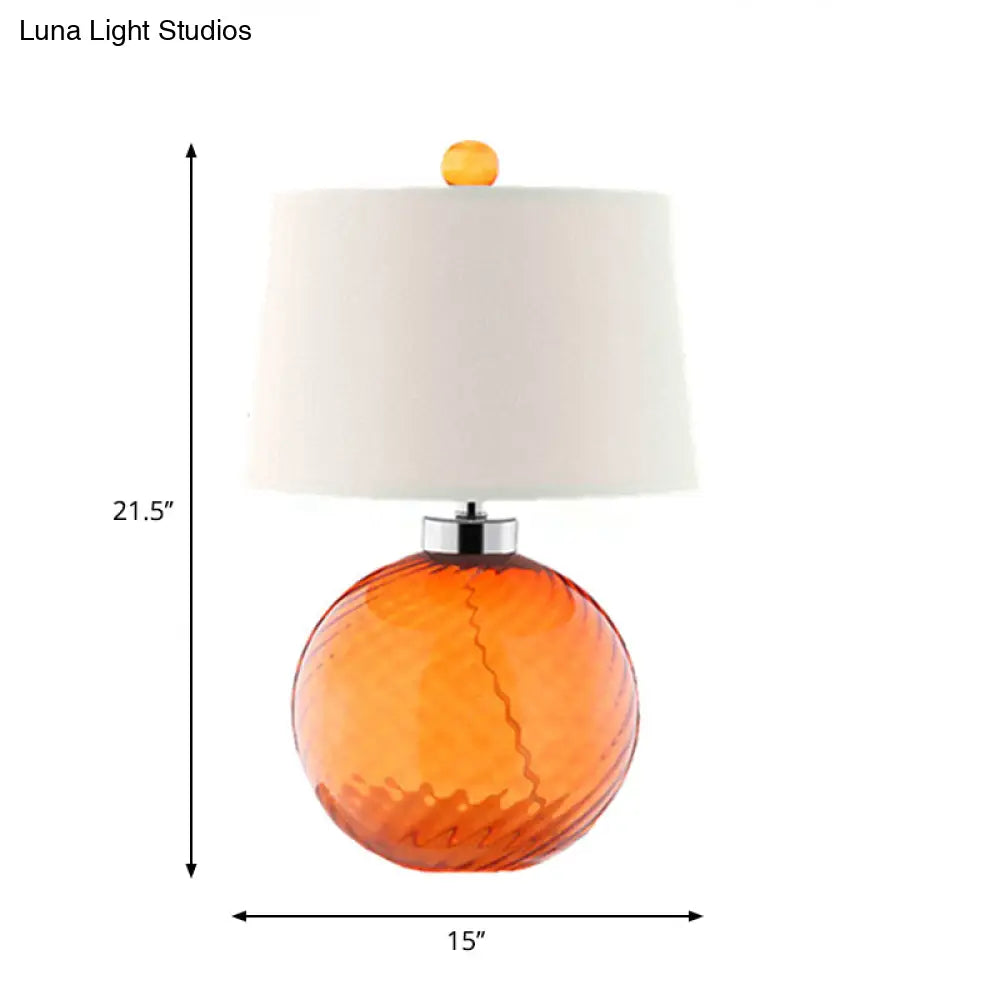 Retro Orange Sphere Glass Table Lamp With Fabric Barrel Shade - 1-Bulb Bedroom Light