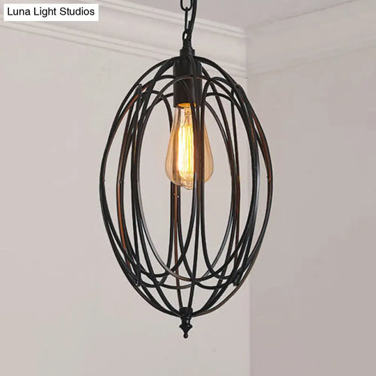 Retro Oval Pendant Light - 1 Head Metallic Ceiling Lamp In Black/White For Living Room Black