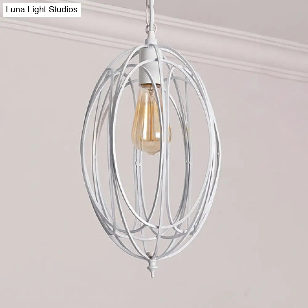 Retro Oval Pendant Light With Metallic Cage Shade - Black/White Living Room Ceiling Lamp