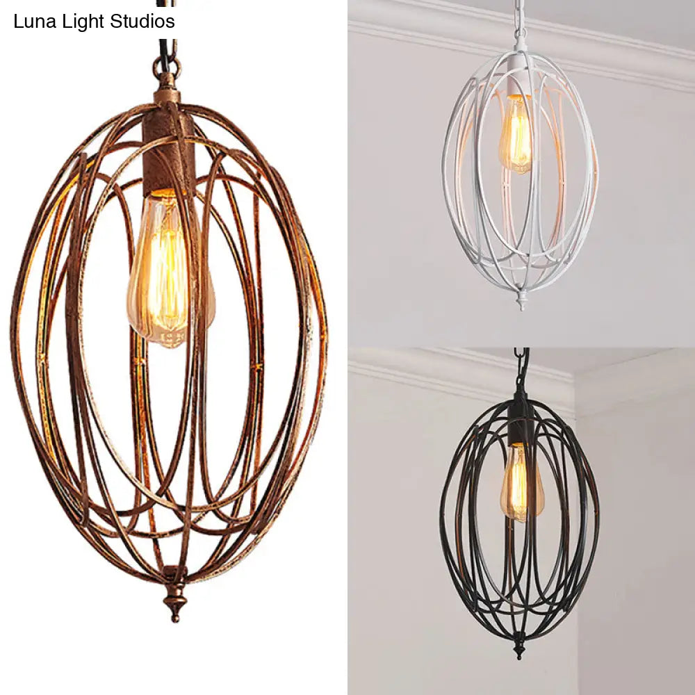 Retro Oval Pendant Light With Metallic Cage Shade - Black/White Living Room Ceiling Lamp