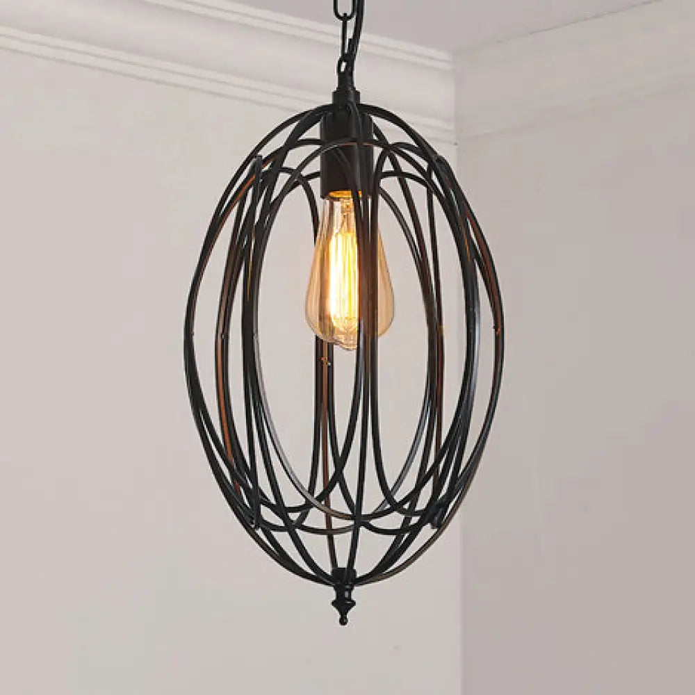Retro Oval Pendant Light With Metallic Cage Shade - Black/White Living Room Ceiling Lamp Black
