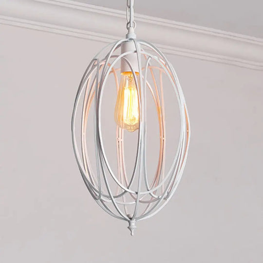 Retro Oval Pendant Light With Metallic Cage Shade - Black/White Living Room Ceiling Lamp White