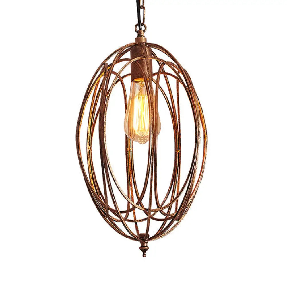 Retro Oval Pendant Light With Metallic Cage Shade - Black/White Living Room Ceiling Lamp Antique