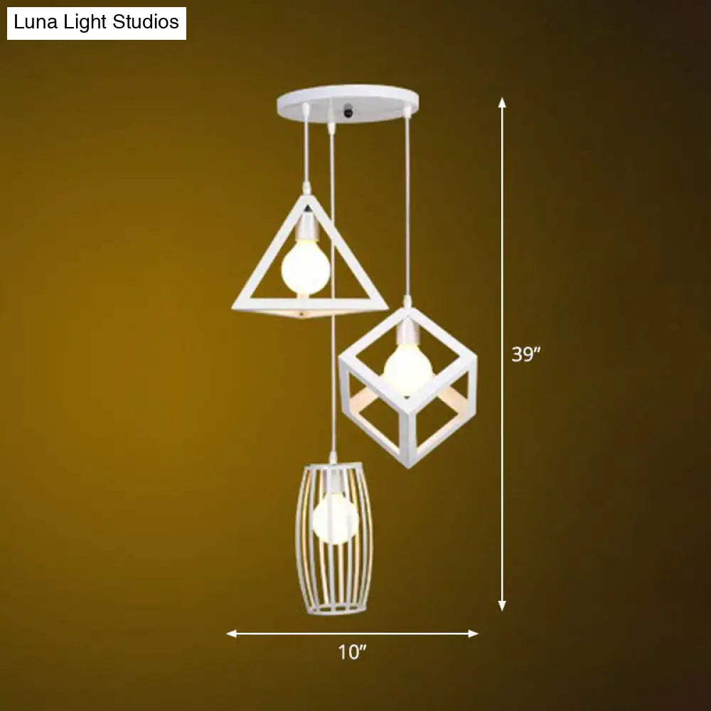 Framed Retro Pendant Light: Iron Multi-Lamp Fixture For Restaurants (3 Bulbs) White / Round