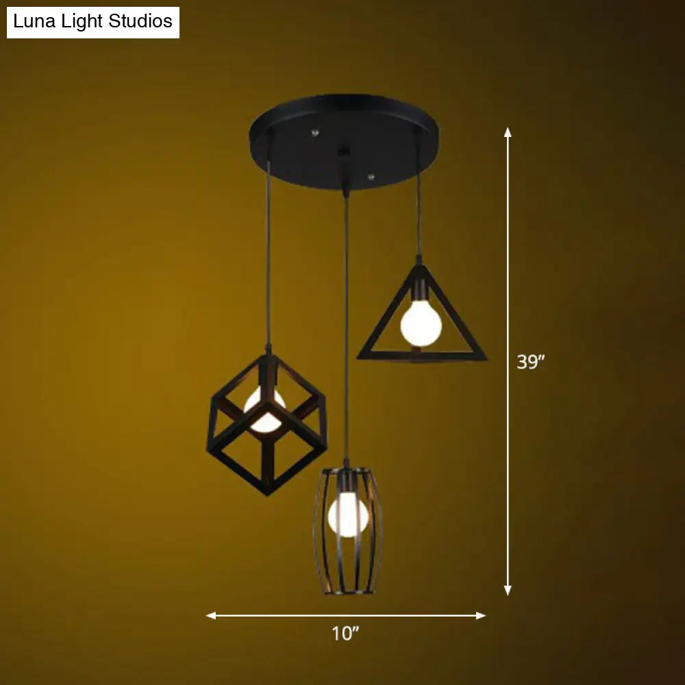 Framed Retro Pendant Light: Iron Multi-Lamp Fixture For Restaurants (3 Bulbs) Black / Round