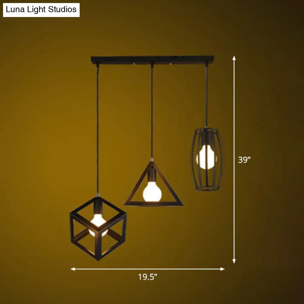 Framed Retro Pendant Light: Iron Multi-Lamp Fixture For Restaurants (3 Bulbs) Black / Linear