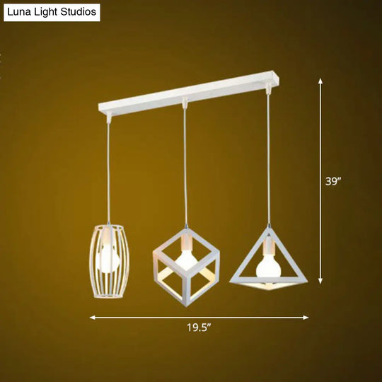 Framed Retro Pendant Light: Iron Multi-Lamp Fixture For Restaurants (3 Bulbs) White / Linear