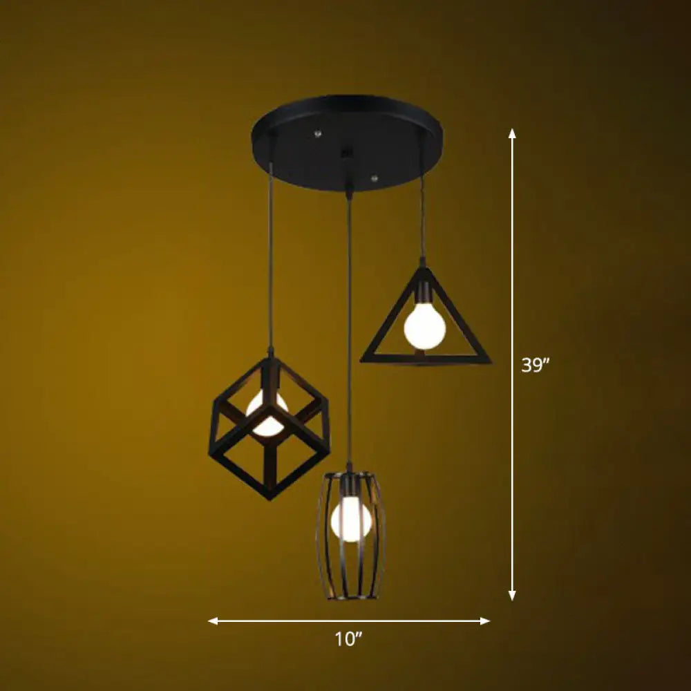 Retro Pendant Ceiling Light With Iron Frame - 3 Bulbs Multi Lamp Ideal For Restaurants Black / Round