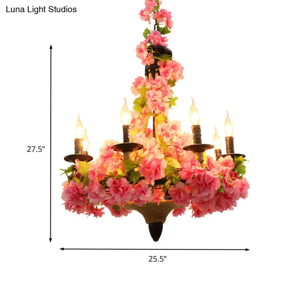 Vintage Metal Pink Candle Pendant Chandelier With Led Lights - 6 Bulb Restaurant Hanging Light And