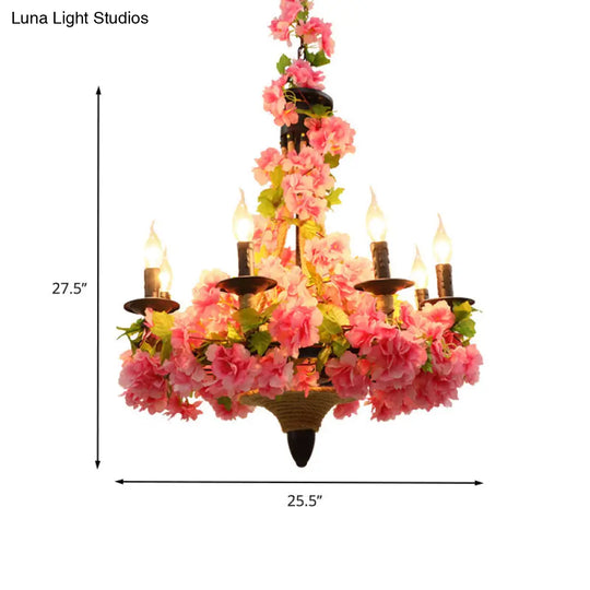 Vintage Metal Pink Candle Pendant Chandelier With Led Lights - 6 Bulb Restaurant Hanging Light And