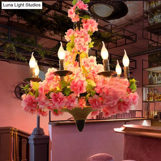 Vintage Metal Pink Candle Pendant Chandelier With Led Lights - 6 Bulb Restaurant Hanging Light And