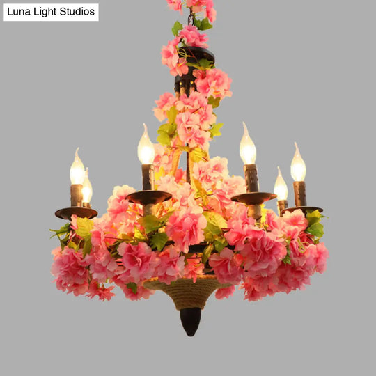 Retro Pink Candle Pendant Chandelier - Vintage Metal With Led Bulbs & Cherry Blossom Accents