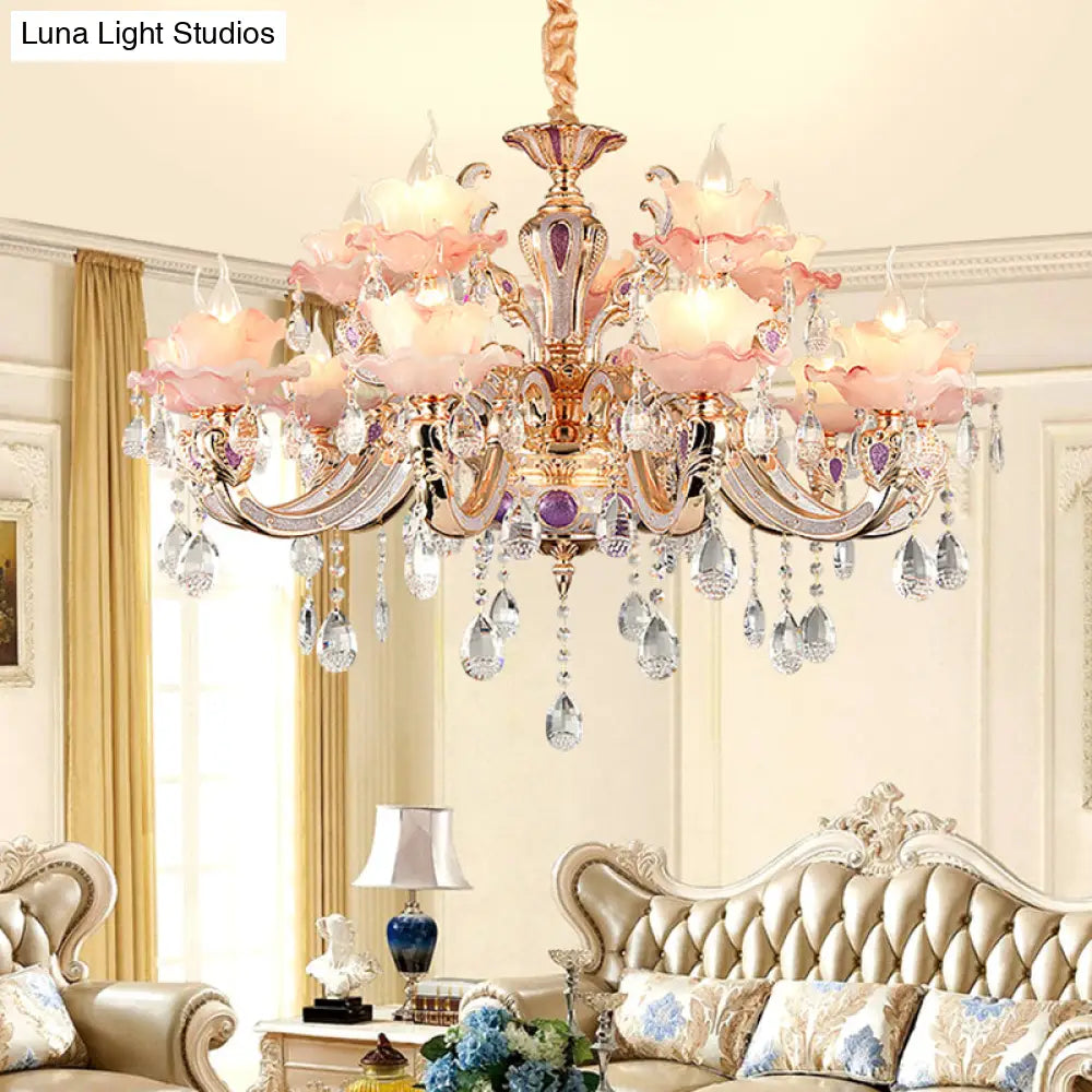 Retro Pink Floral Chandelier Pendant Light With Ruffle Accents Opaque Glass & Hanging Crystal For