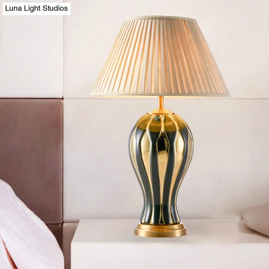 Retro Porcelain Desk Lamp With Black-Gold Vase Design Base And Conic Fabric Shade - Perfect For