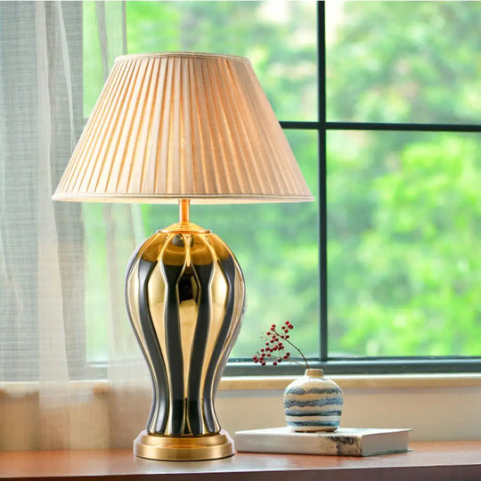 Retro Porcelain Desk Lamp With Black-Gold Vase Design Base And Conic Fabric Shade - Perfect For