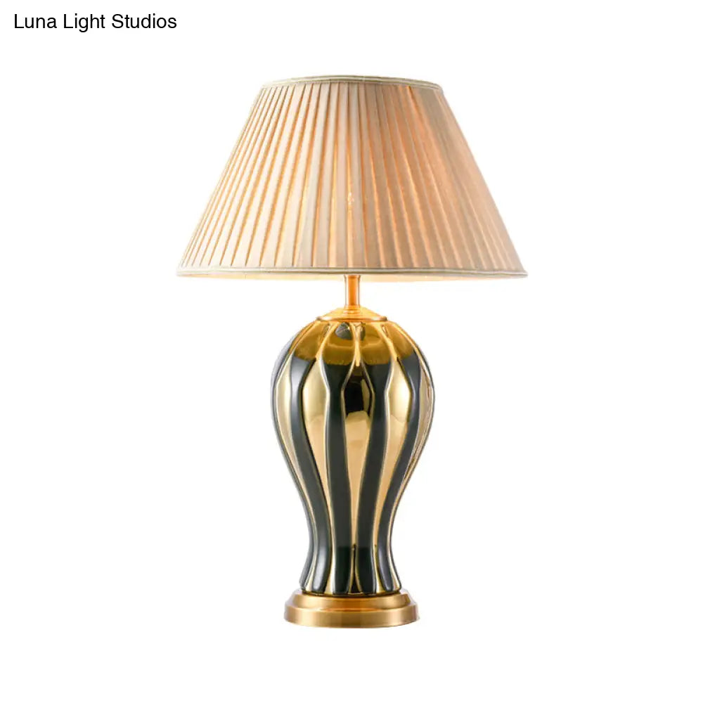 Retro Porcelain Desk Lamp With Black-Gold Vase Design Base And Conic Fabric Shade - Perfect For