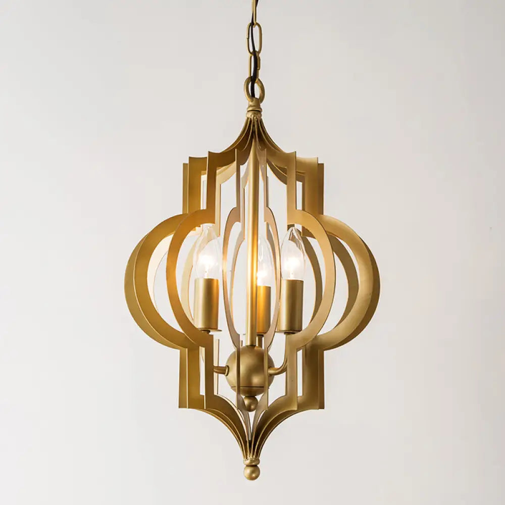 Retro Quatrefoil Gold Pendant Chandelier 3-Bulb Metallic Light Fixture