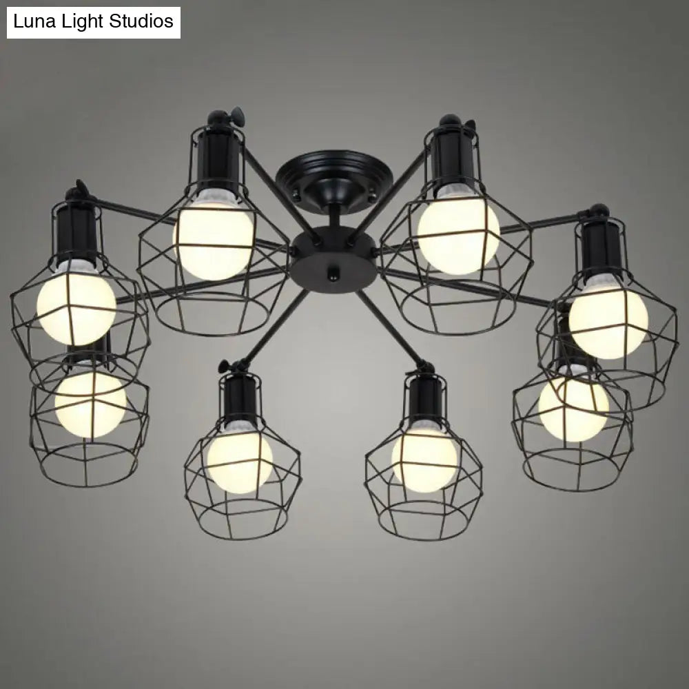 Retro Style Iron Pendant Chandelier With 8 Bulbs - Black Ideal For Barbershops / Circle