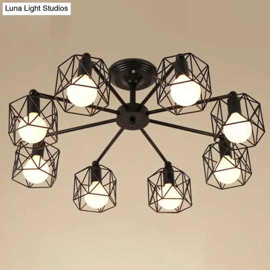 Retro Style Iron Pendant Chandelier With 8 Bulbs - Black Ideal For Barbershops / Polygon