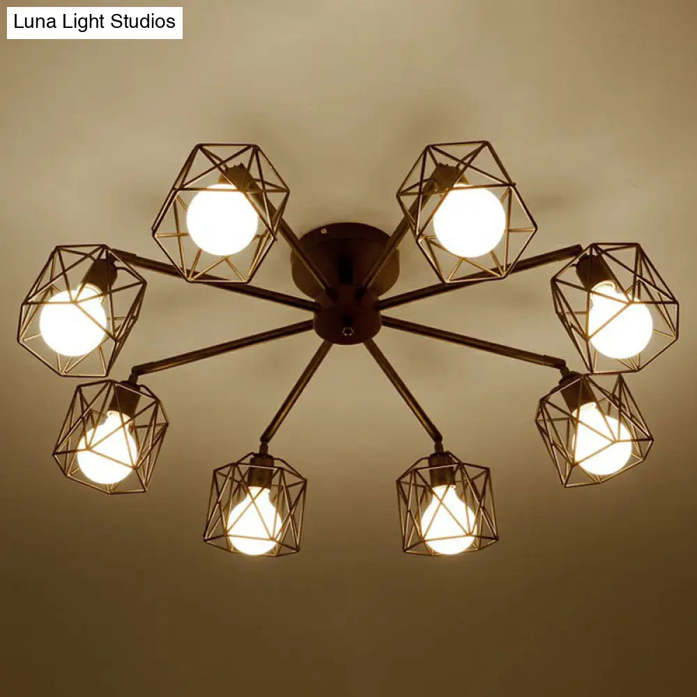 Retro Radial Iron Pendant Light With 8 Bulbs For Barbershop In Black