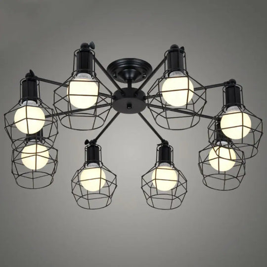 Retro Radial Iron Pendant Light With 8 Bulbs For Barbershop In Black / Circle