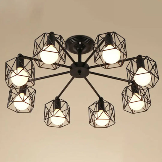 Retro Radial Iron Pendant Light With 8 Bulbs For Barbershop In Black / Polygon