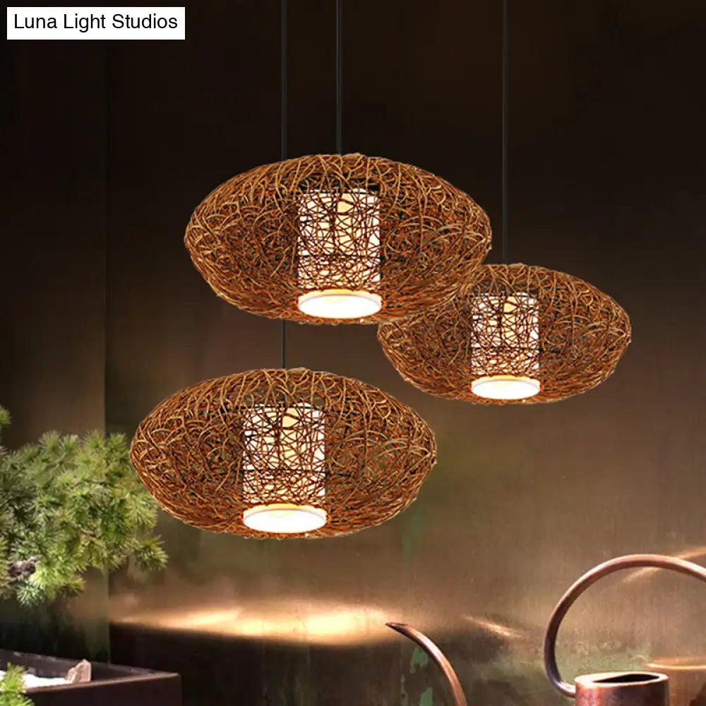 Retro Rattan Hanging Light With Woven Suspension - Brown 1 Bulb Perfect For Tearooms