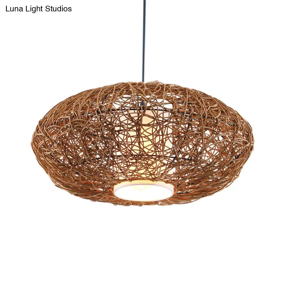 Retro Rattan Hanging Light With Woven Suspension - Brown 1 Bulb Perfect For Tearooms