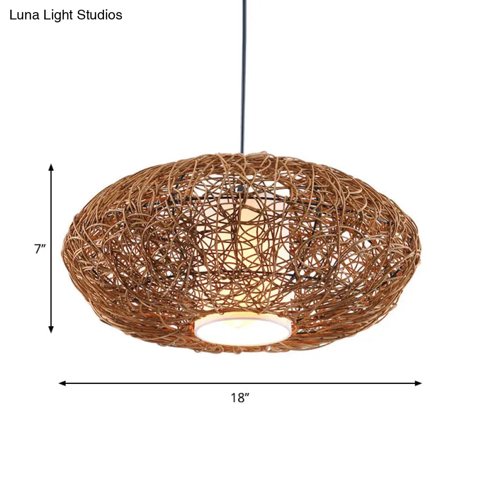 Retro Rattan Woven Pendant Light Kit For Tearoom With Brown Suspension And 1 Bulb