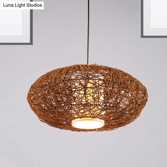 Retro Rattan Hanging Light With Woven Suspension - Brown 1 Bulb Perfect For Tearooms