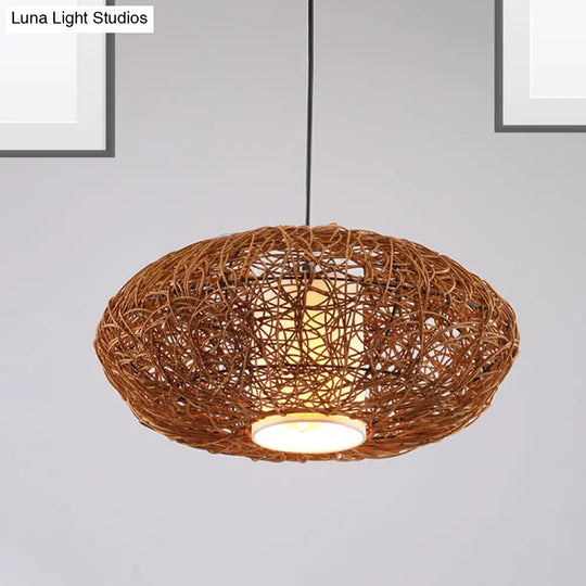 Retro Rattan Woven Pendant Light Kit For Tearoom With Brown Suspension And 1 Bulb