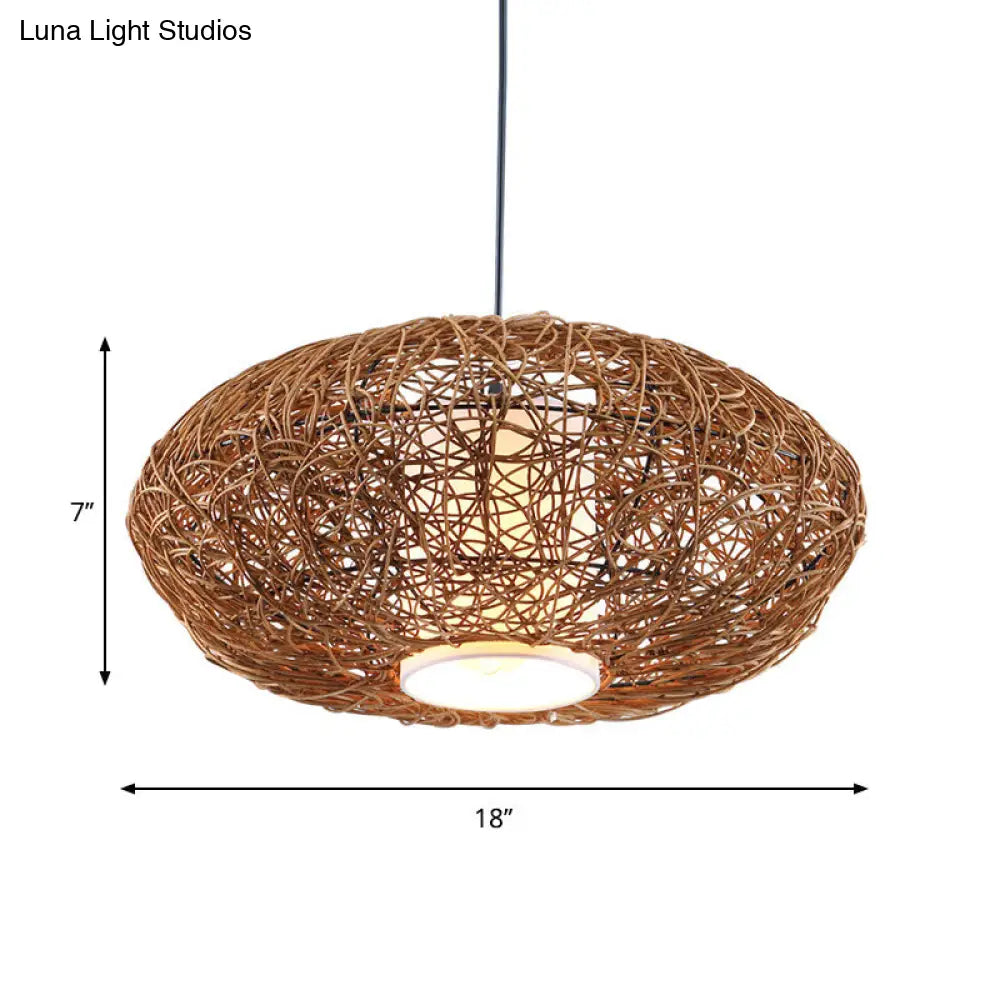 Retro Rattan Hanging Light With Woven Suspension - Brown 1 Bulb Perfect For Tearooms